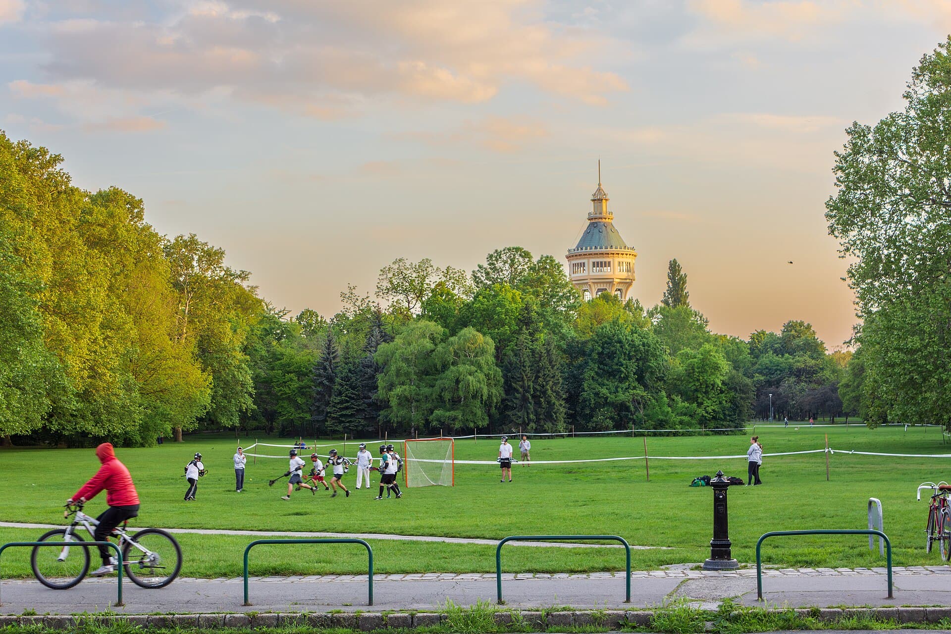 A wide lawn on Margaret Island at dusk with a group playing lacrosse, a cyclist passing on the path in the foreground and the octagonal water tower rising above the trees behind